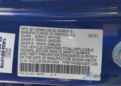 2021 Honda Accord Sport 2.0T из США, поврежденный, VIN 1HGCV2F35MA019639